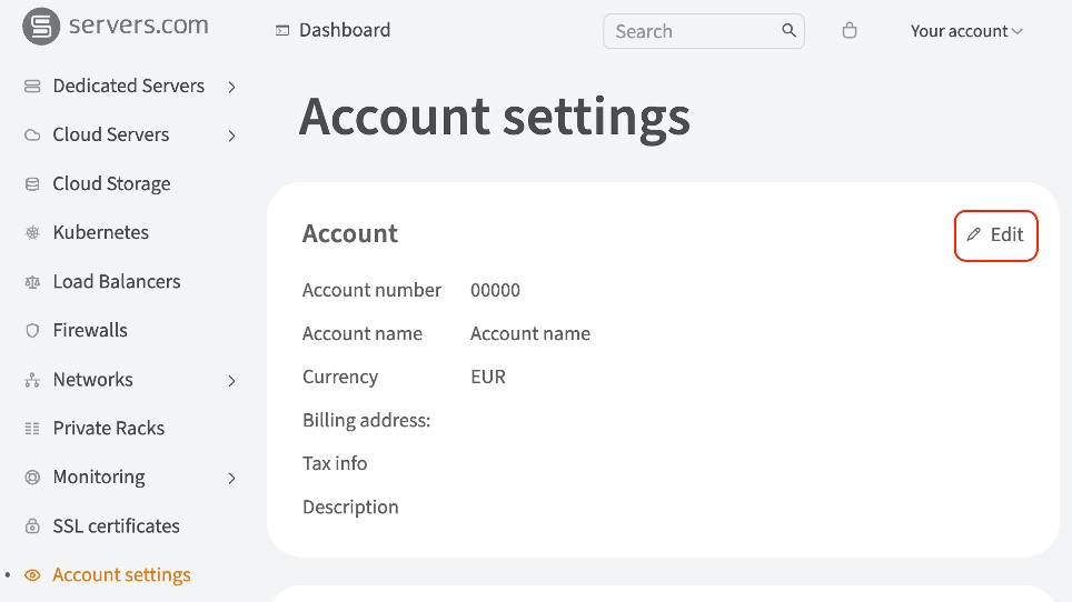 Servers.com account settings