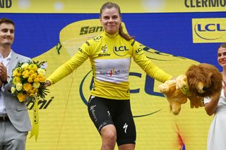 CLERMONTFERRAND FRANCE JULY 23 Lotte Kopecky of Belgium and Team SD Worx Protime celebrates at podium as Yellow Leader Jersey winner during the 2nd Tour de France Femmes 2023 Stage 1a 1234km stage from ClermontFerrand to ClermontFerrand UCIWWT on July 23 2023 in ClermontFerrand France Photo by Tim de WaeleGetty Images