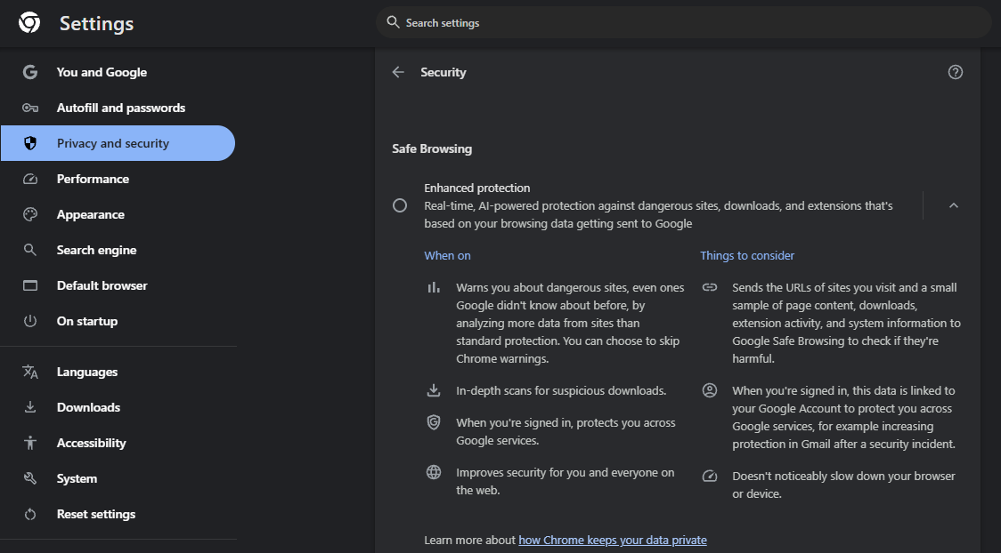 Google Chrome's enhanced protection mode as seen in the Google Chrome security settings.