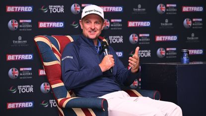 Justin Rose talks to the media before the 2023 Betfred British Masters