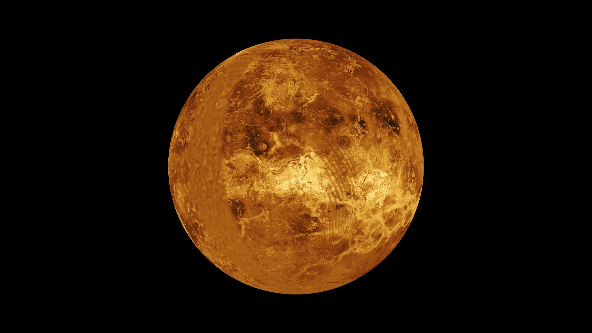 Venus - Computer Simulated Global View Centered at 90 Degrees East Longitude. September 23, 1996. NASA & JPL.