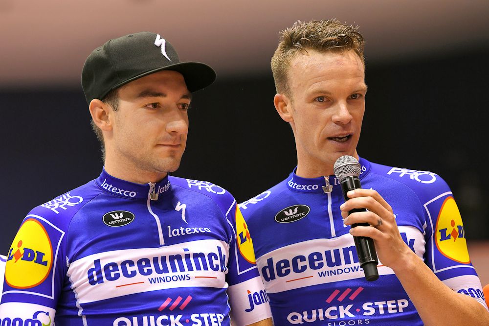 Iljo Keisse and Elia Viviani address the crowd after winning the 2018 Gent Six