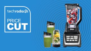 The Ninja Blender Duo with Auto-iQ deal pictured on a blue background with price cut written in write to the left.