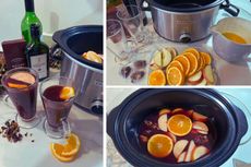 A collage of images of mulled wine being made in a slow cooker
