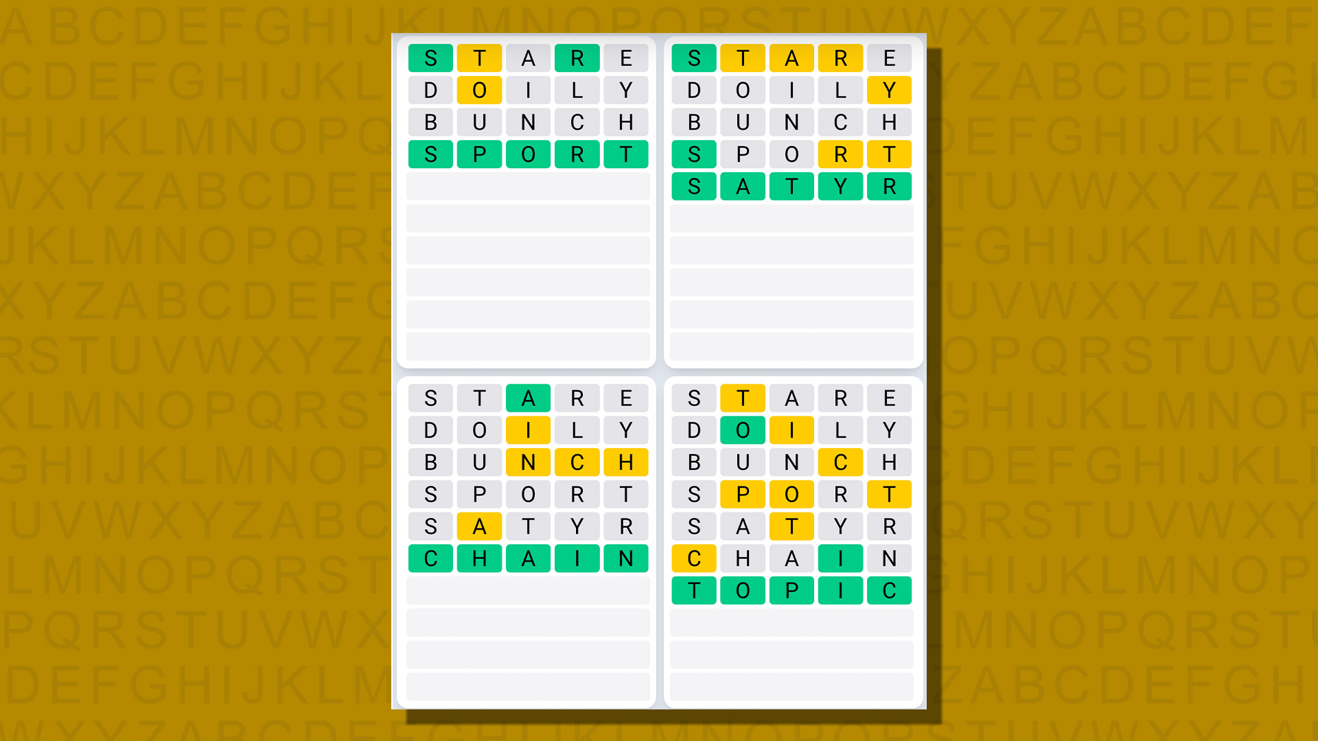 Ежедневная последовательность ответов Quordle для игры 814 на желтом фоне