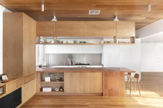 A kitchen with ceiling rack