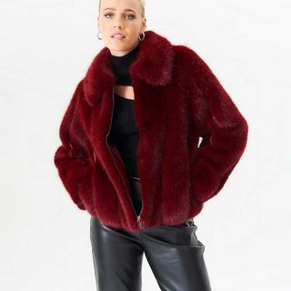 Gini London Burgundy Faux Fur Collared Jacket