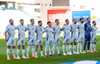 Scotland players sing their anthem ahead of a Euro 2024 warm-up game against Gibraltar in June 2024.