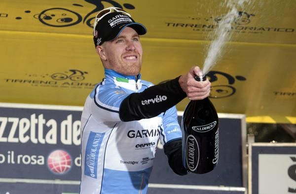 Tyler Farrar (Garmin-Cervelo) takes the celebratory spray of champagne after claiming the race leader's jersey