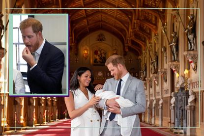 Prince Harry eating drop in image and main image of Prince Harry with Meghan Markle as he holds son Archie