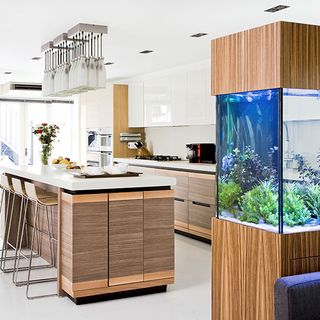 kitchen with fish tank wood panels island breakfast bar