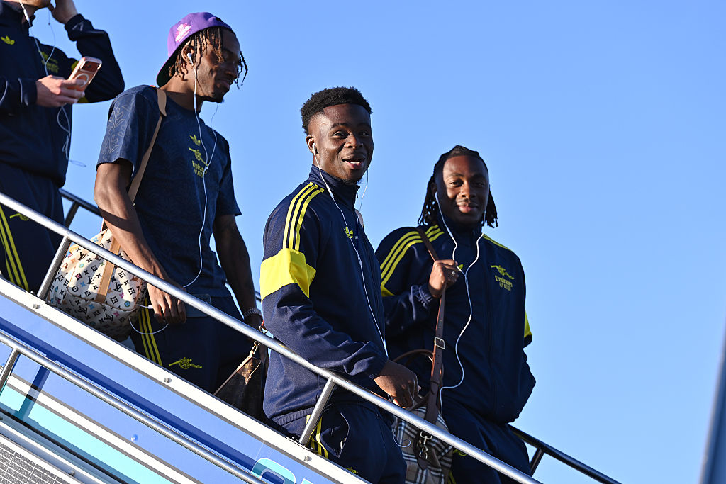 Arsenal stars Noni Madueke, Bukayo Saka and Eberechi Eze arrive in Budapest ahead of the Champions League final
