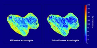 Temperature maps of Comet 67P taken by the Microwave Instrument for the Rosetta Orbiter (MIRO) at two different wavelengths between September and October 2014, millimeter on the left and submillimeter on the right, suggest a transparent layer of ice on or just below the surface.
