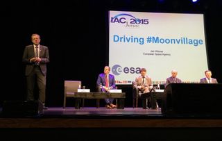 ESA Director-General Johann-Dietrich Woerner (left) pitching the international “Moon Village” concept at the International Astronautical Congress in Jerusalem in October.