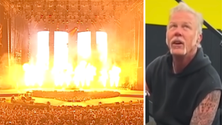 Metallica pyro show in 2023, plus James Hetfield's impressed-looking reaction in 2024