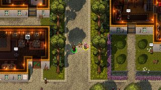 A top-down view of three characters in a town. The paths are stony and lined with trees, with buildings either side that have their roofs missing so the player can peer inside them.