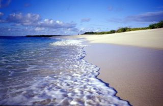 Sea foam on a white sand beach on the Caribbean island of Anguilla