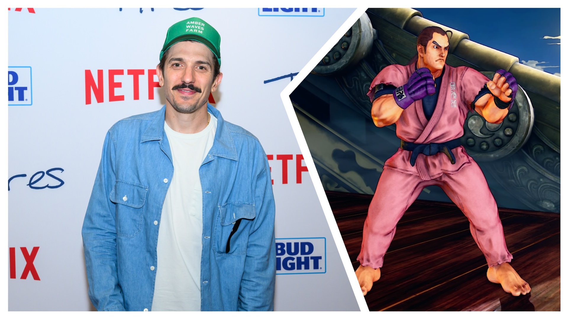 Andrew Schulz on the left with Dan Hibiki from Street Fighter on the right