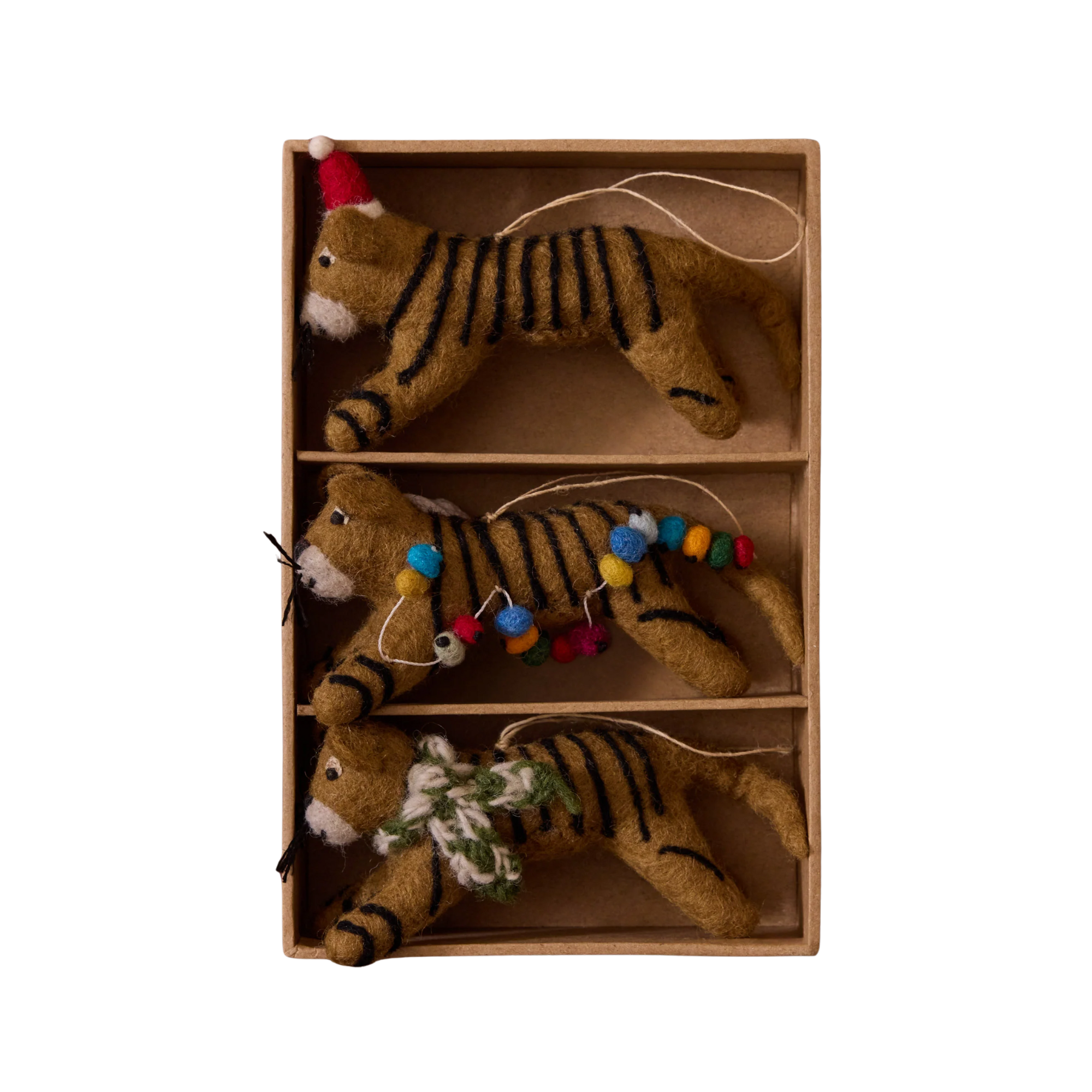 set of three felt tiger Christmas ornaments