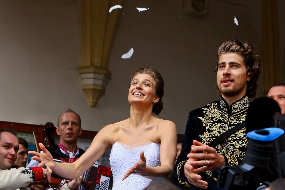 UCI World Champion Peter Sagan and his wife Katarina Smolkova are seen after their wedding in the town of Dolny Kubin in North Slovakia on November 11, 2015.