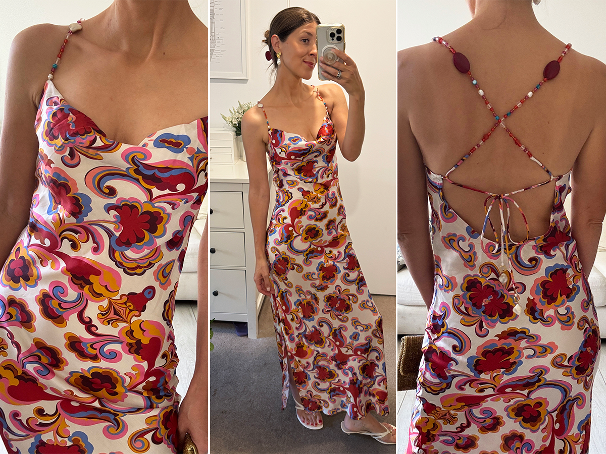 Judith Jones in a printed long dress