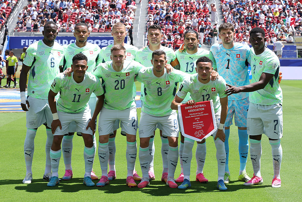 Switzerland players pose for a team photograph before the FIFA World Cup 2026 Group B match between Qatar and Switzerland at San Francisco Bay Area Stadium on June 13, 2026