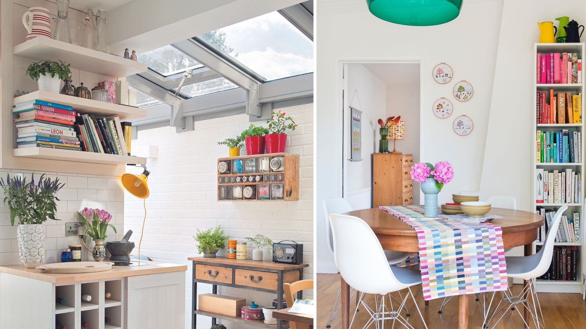 floating wall shelves in a kitchen and a tall vertical in a dining to show bookshelf ideas for small rooms