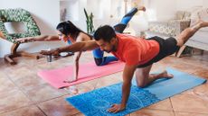 man and woman performing a bird dog exercise on a pink and blue mat in a living room setting. the man is closer to the camera, wearing a red tshirt and black shorts.