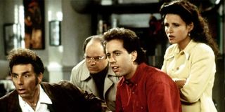 Michael Richards as Cosmo Kramer, Jason Alexander as George Costanza, Jerry Seinfeld as Jerry Seinfeld and Julia Louis-Dreyfus as Elaine Benes in Seinfeld.