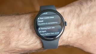 Google Pixel Watch 3 on a user's wrist showing sleep data