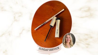 vieve eyebrow definer and gel pictured on a wooden backdrop next to an image of beauty editor fiona mckim 