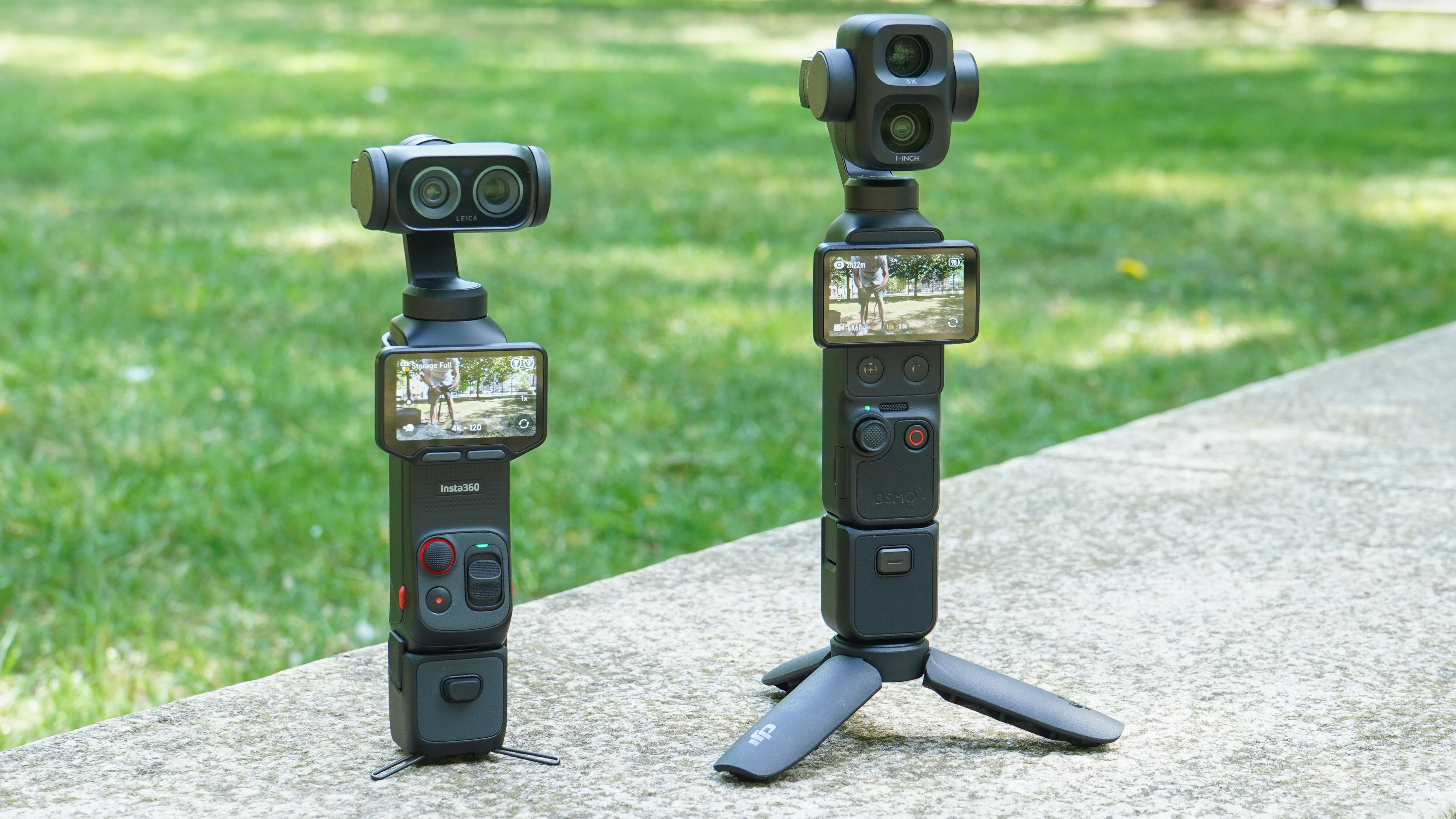 Insta360 Luna Ultra and DJI Pocket 4P gimbal cameras on a park wall
