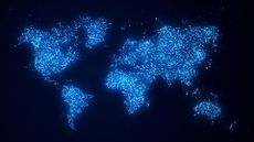 A map of the world formed from glowing, blue digital data points to represent data sovereignty.