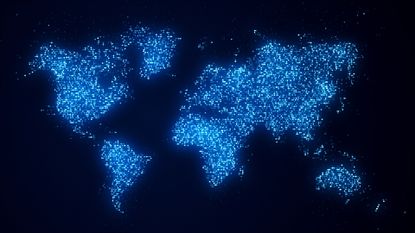 A map of the world formed from glowing, blue digital data points to represent data sovereignty.