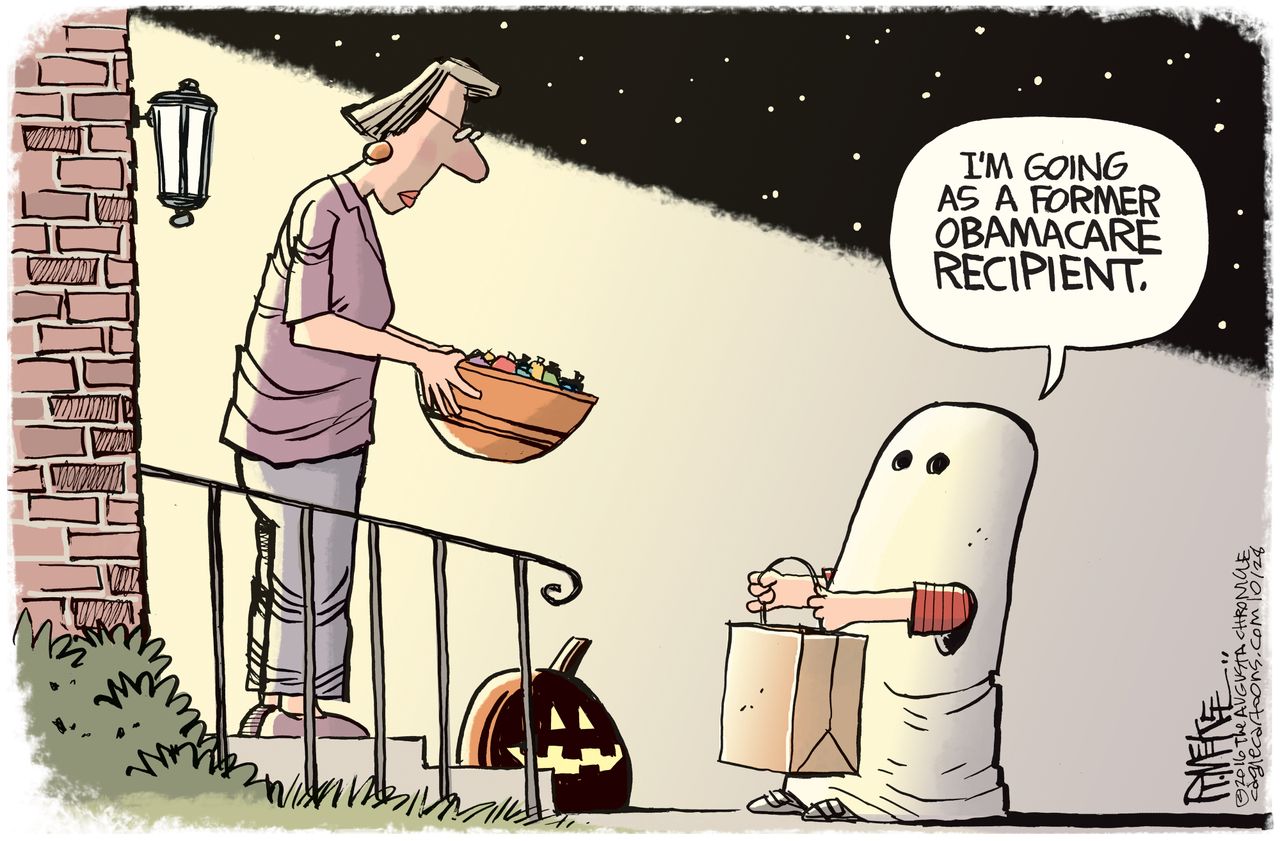 Political cartoon U.S. Halloween Obamacare patients