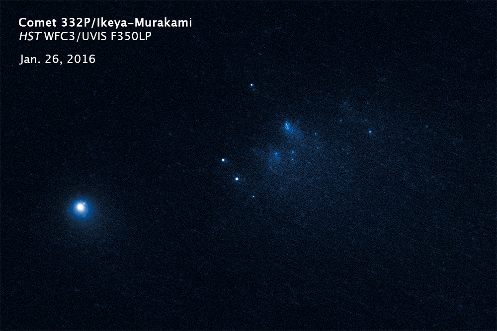 A sequence of Hubble Space Telescope images taken over three days in January 2016 shows the slow migration of building-size fragments of Comet 332P/Ikeya-Murakami. The pieces broke off the main nucleus in late 2015 as the icy, ancient comet approached the sun in its orbit.