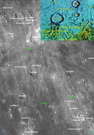 Many apps label the features and landing sites of crewed and robotic missions. To display the labels in SkySafari 6, put a check mark in the "with Surface Labels" option under Solar System Settings. The LunarMap HD app (color inset) offers control of the label density and allows classes of objects to be displayed on a variety of moon maps.