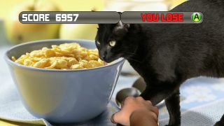Cat reaching face toward bowl of cereal