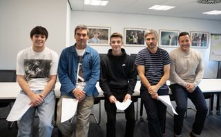 From left to right: Aiden Kane (young Cain), Jeff Hordley (Cain), Riccardo Drayton (young Caleb), Will Ash (Caleb) and director Michael Lacey.