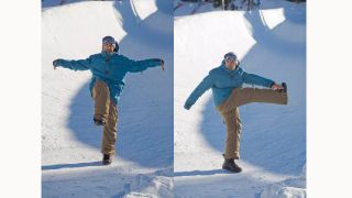 Leg swing warm up move for snowboarding