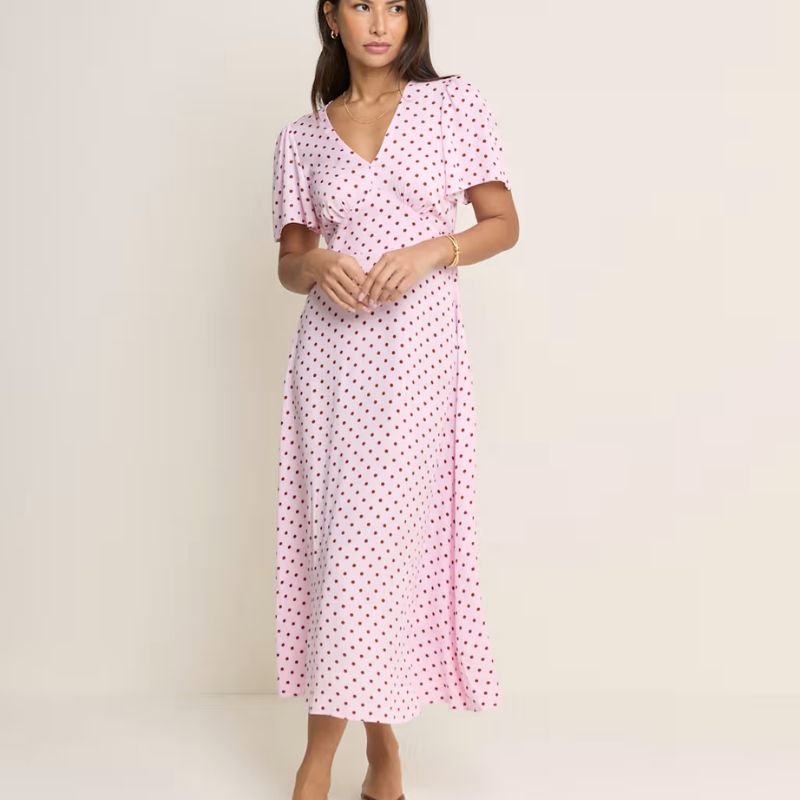 M&amp;amp;S, pink polka dot maxi dress