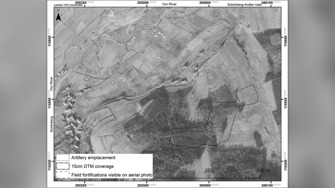 Aerial photograph of the Battle of the Bulge site taken April 16, 1945.