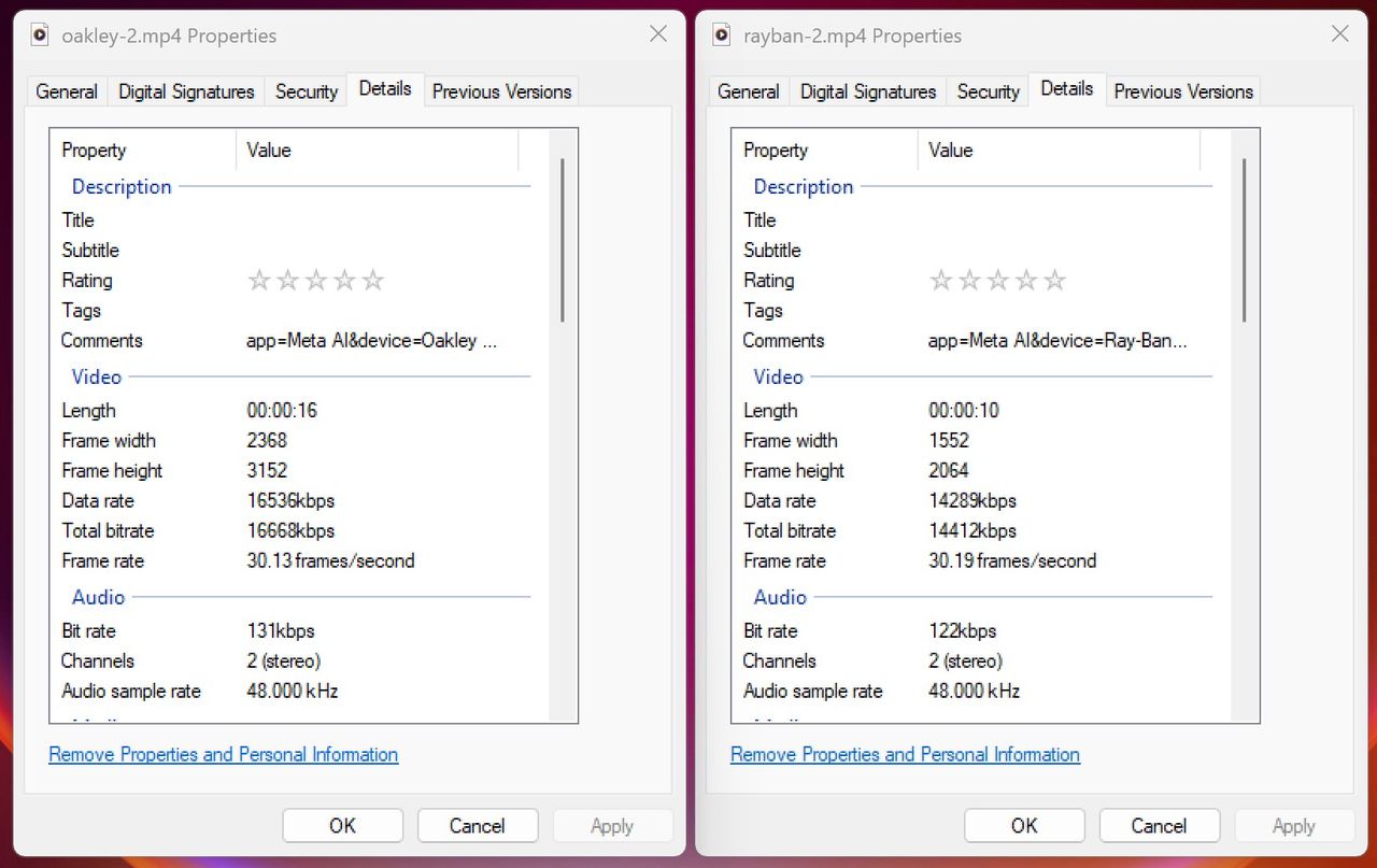 Comparing the resolution and bit rate between Ray-Ban Meta Smart Glasses 1080p video and Oakley Smart Glasses 3K video