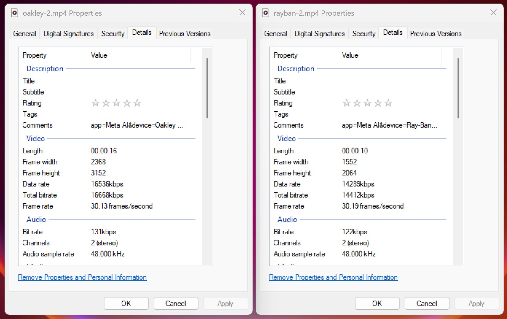 Comparing the resolution and bit rate between Ray-Ban Meta Smart Glasses 1080p video and Oakley Smart Glasses 3K video
