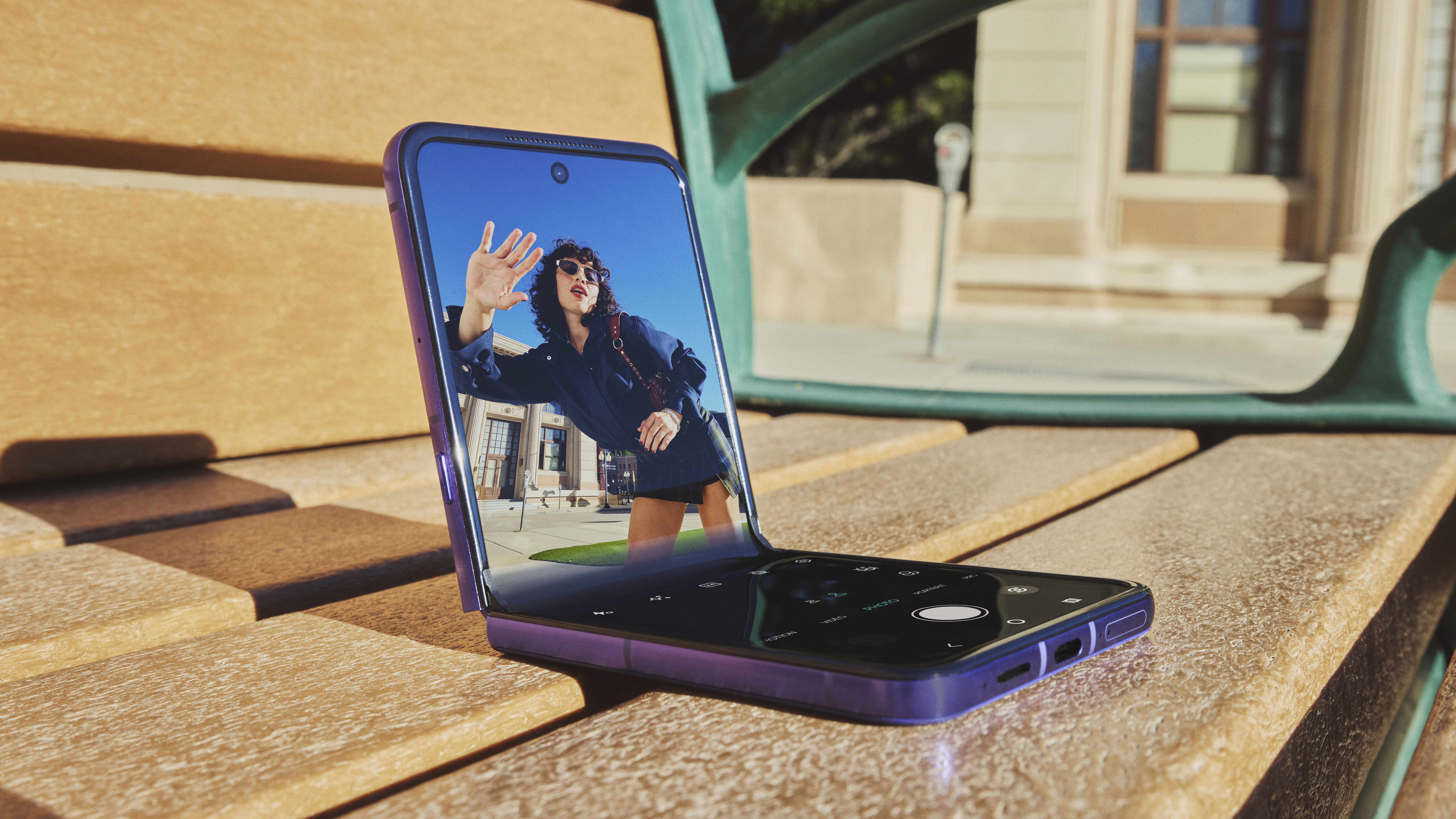 A Motorola Razr 70 Ultra open with its top side upright