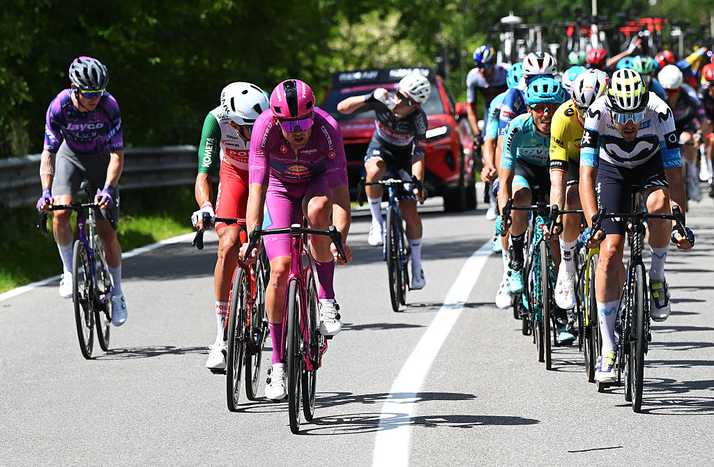 CESANO MADERNO ITALY MAY 29 LR Mads Pedersen of Denmark and Team Lidl Trek Purple Points Jersey and Jon Barrenetxea of Spain and Movistar Team compete during the 108th Giro dItalia 2025 Stage 18 a 144km stage from Morbegno to Cesano Maderno UCIWT on May 29 2025 in Cesano Maderno Italy Photo by Dario BelingheriGetty Images