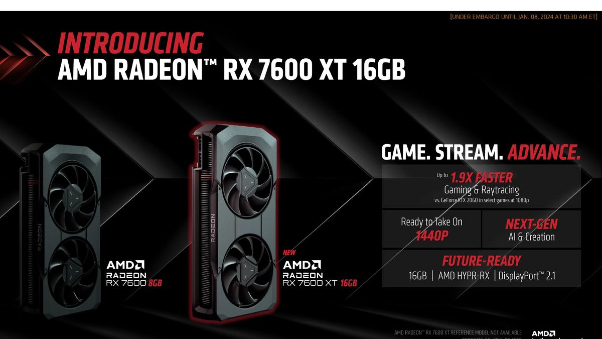 AMD Radeon RX 7600 XT announcement slides and cards
