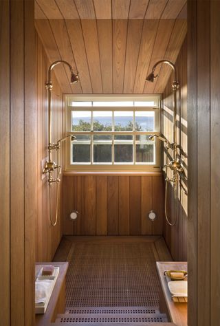 teak-lined double shower