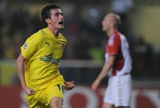 Joseba Llorente celebrates after scoring for Villareal against AaB in the Champions League in October 2008.