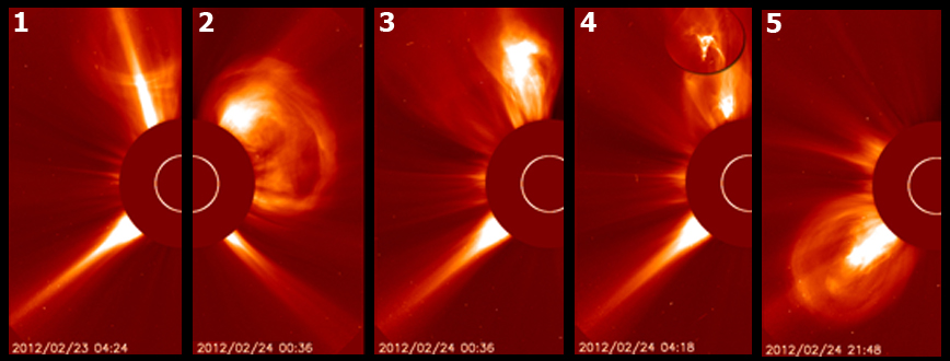 The sun produced five eruptions over a two-day period from Feb. 23 to 24. The fourth eruption hurled white hot material (circular inset) high into the solar corona.